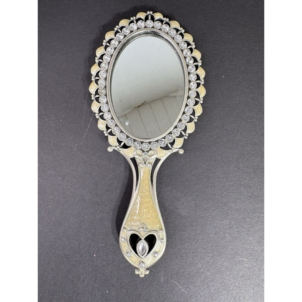 Vintage Enamel & Rhinestone Hand Mirror Elegant 7" Vanity Accessory